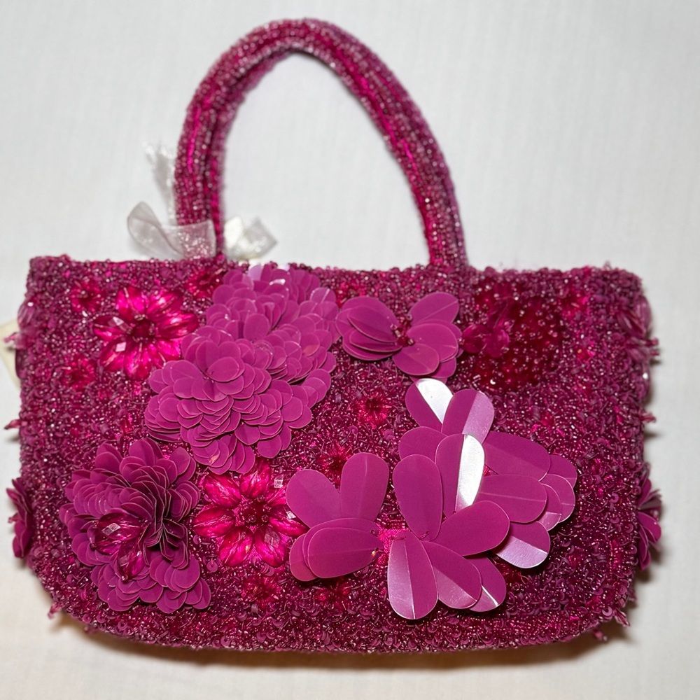 Handcrafted In India Floral Dark Pink Tik Tok Viral Tote Beaded Bag NEW/RARE
